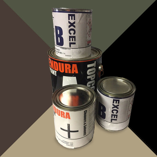 Kit de pintura de 7 cuartos: negro, marrón camuflaje o verde. Incluye 4 cuartos de pintura, 1 cuarto de reductor y 2 cuartos de activador para vehículos militares.