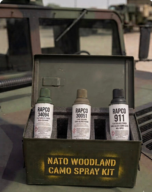 Camo Spray Kit - 3 cans - NATO Black, Green, Brown. One-part cans. RAPCO 34094, 30051, 911