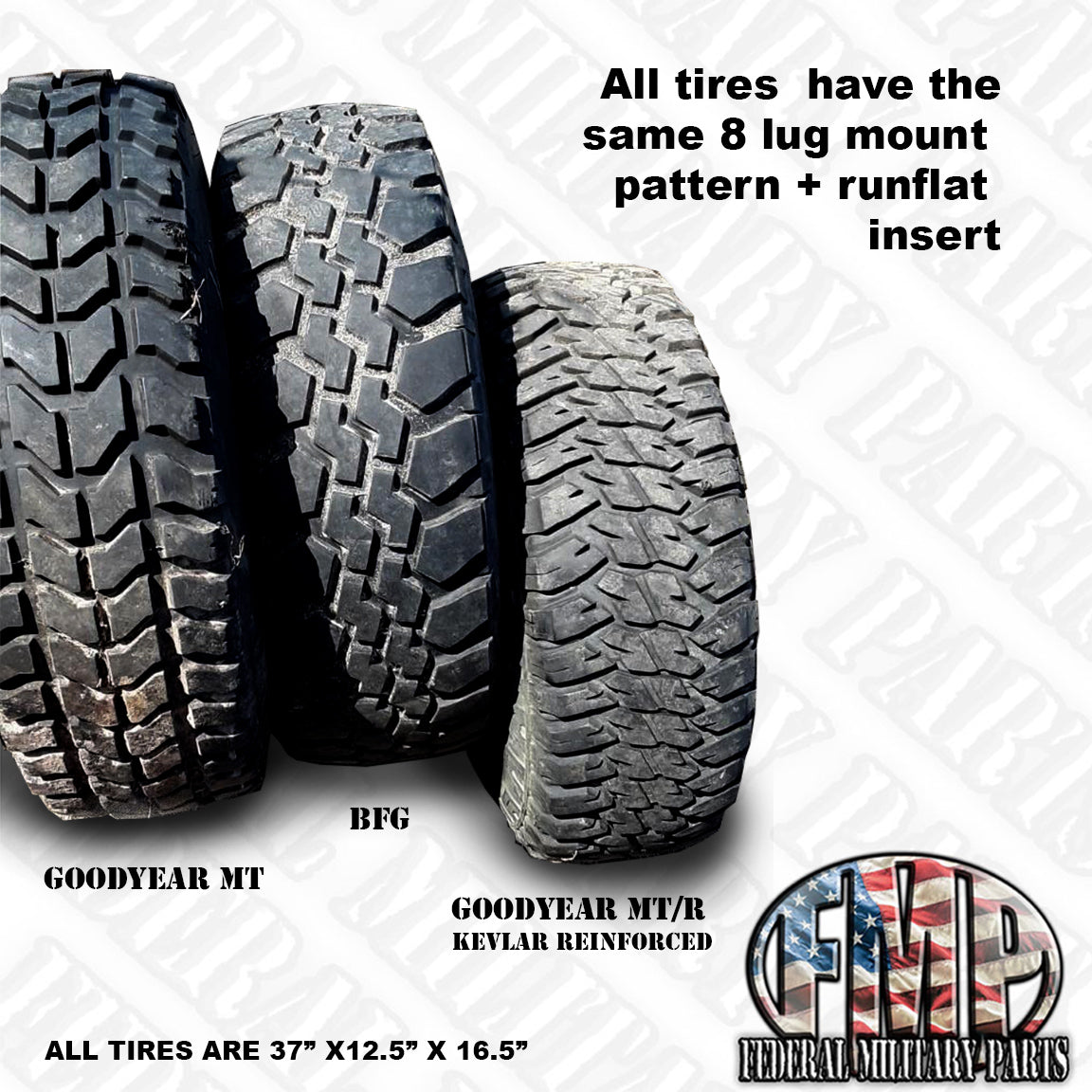 Goodyear MTR Kevlar Humvee-Reifen-Match-Sets von vier oder fünf 37 "montiert auf 8-Nasen-16,5" Felgen 90-100% Profil. 10 Liter 24 Bolzen plus Run Flat-Einsatz