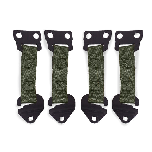 Cuatro correas limitadoras de puerta verdes OEM. Dos izquierdas y dos derechas. Compatibles con Humvee militar. Para vehículos de cuatro puertas, con puertas rígidas o flexibles.