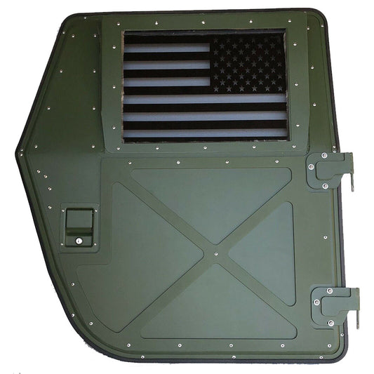 灰色着色窗口+美国国旗乙烯基贴纸(室内) - 夹层玻璃3/8“厚 - 悍马X门窗 - 更换玻璃