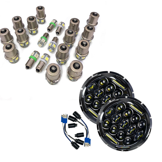22 Piece Bulb LED Upgrade Kit + L.E.D. Military Headlights with Black Bezel - Headlight Plug & Play - One Pair