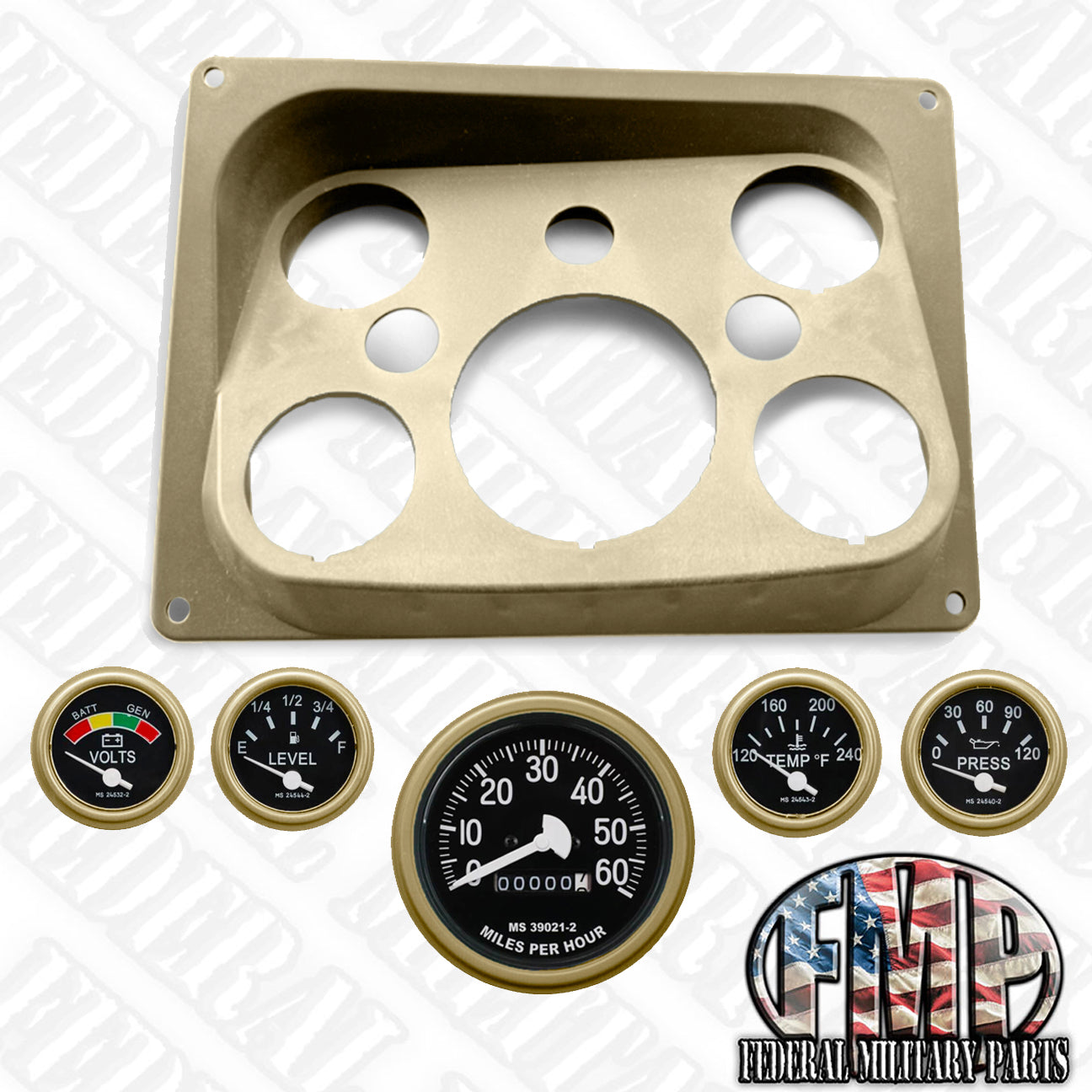 Military Instrument Panel Dash Instrument Panel + 5pc Gauge Assortment- Black, Tan or Green- fit ...