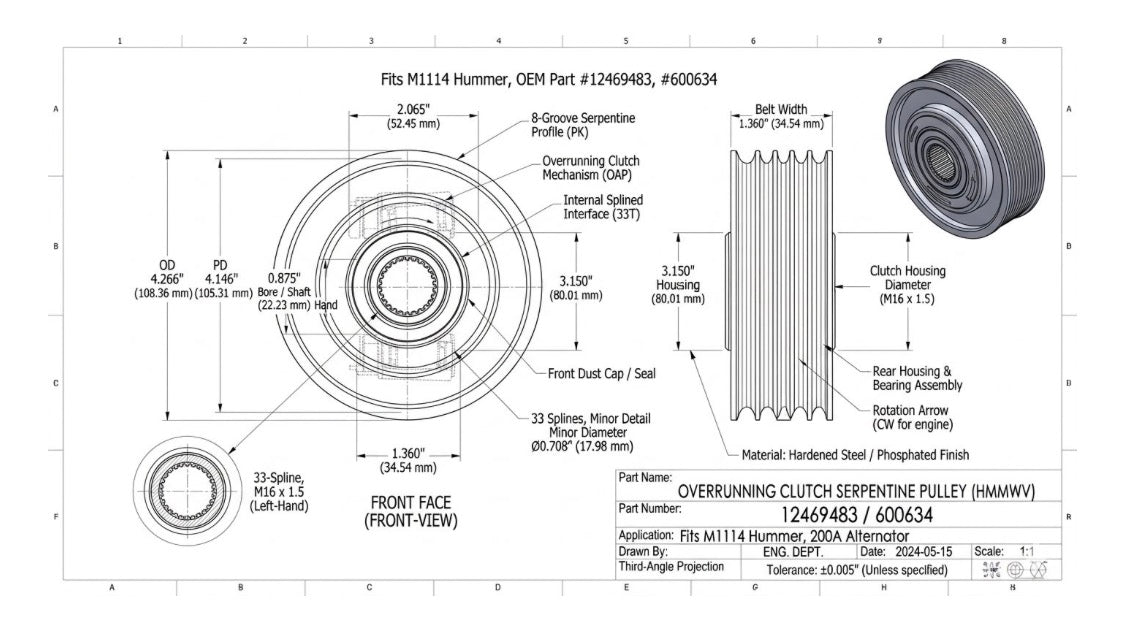 Overrunning Clutch Serpentine Pulley, Fits M1114 Hummer, 12469483 , 600634