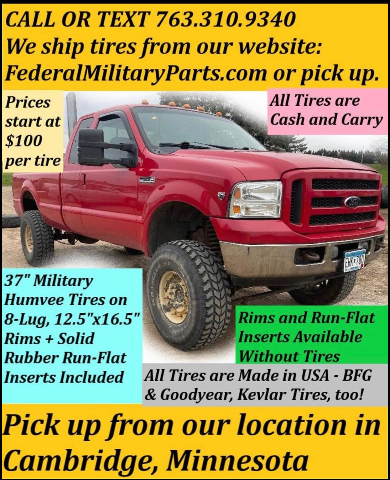 Goodyear Wrangler MT MilitaryTires 37" Radials on 16.5" Rims 6.5"x 8 Bolt Pattern fits Humvee M998 HMMWV