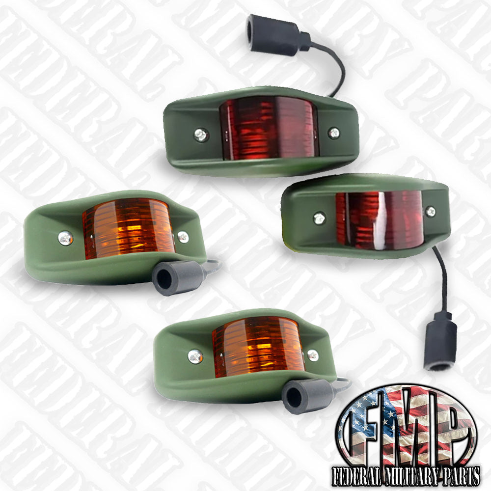 Side Marker Lights- Set of 4 (2 Front + 2 Rear) Amber and Red Lens, Universal, Fits ALL Military Vehicles - Humvee M998 HMMWV