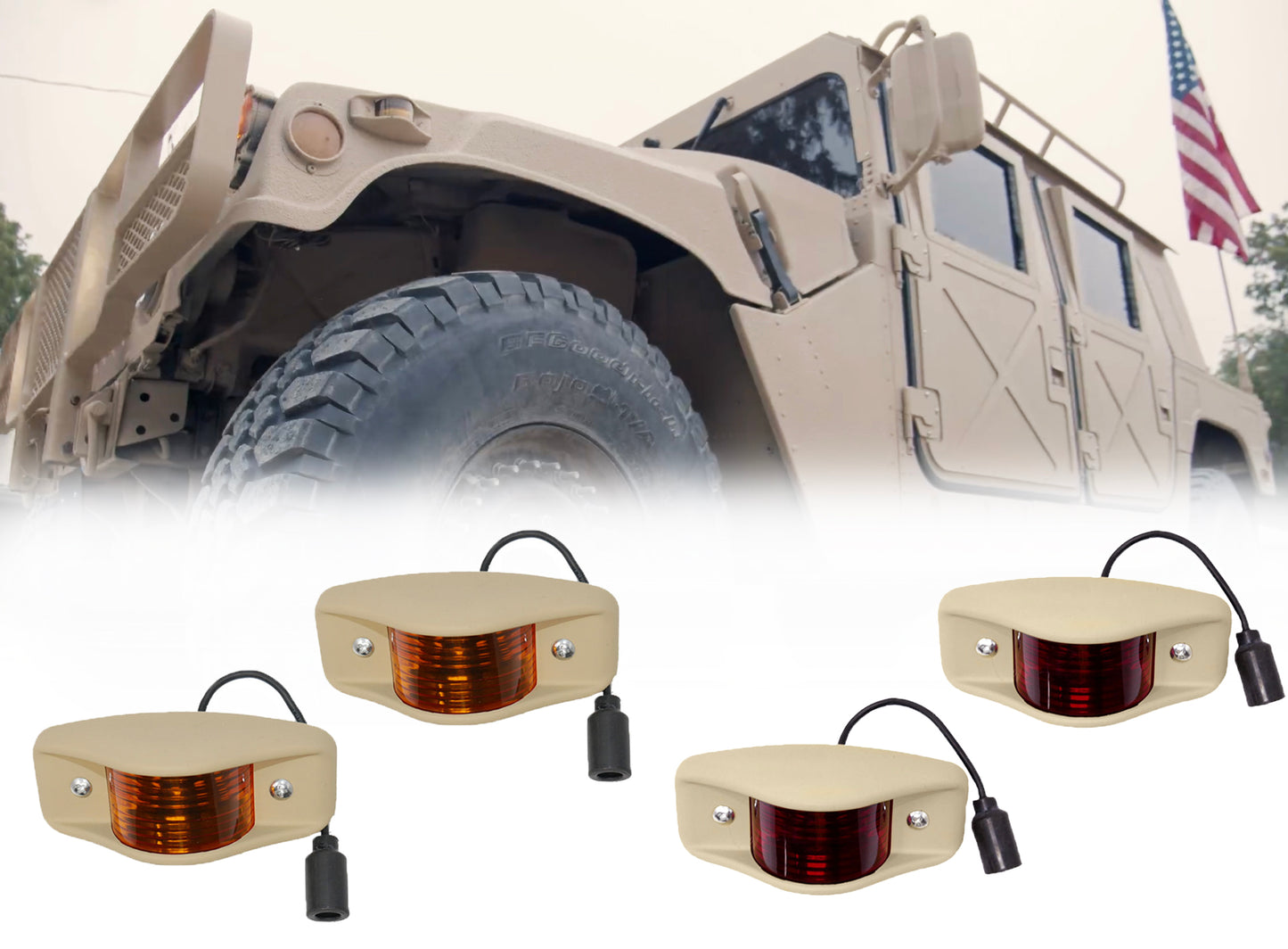 Side Marker Lights- Set of 4 (2 Front + 2 Rear) Amber and Red Lens, Universal, Fits ALL Military Vehicles - Humvee M998 HMMWV