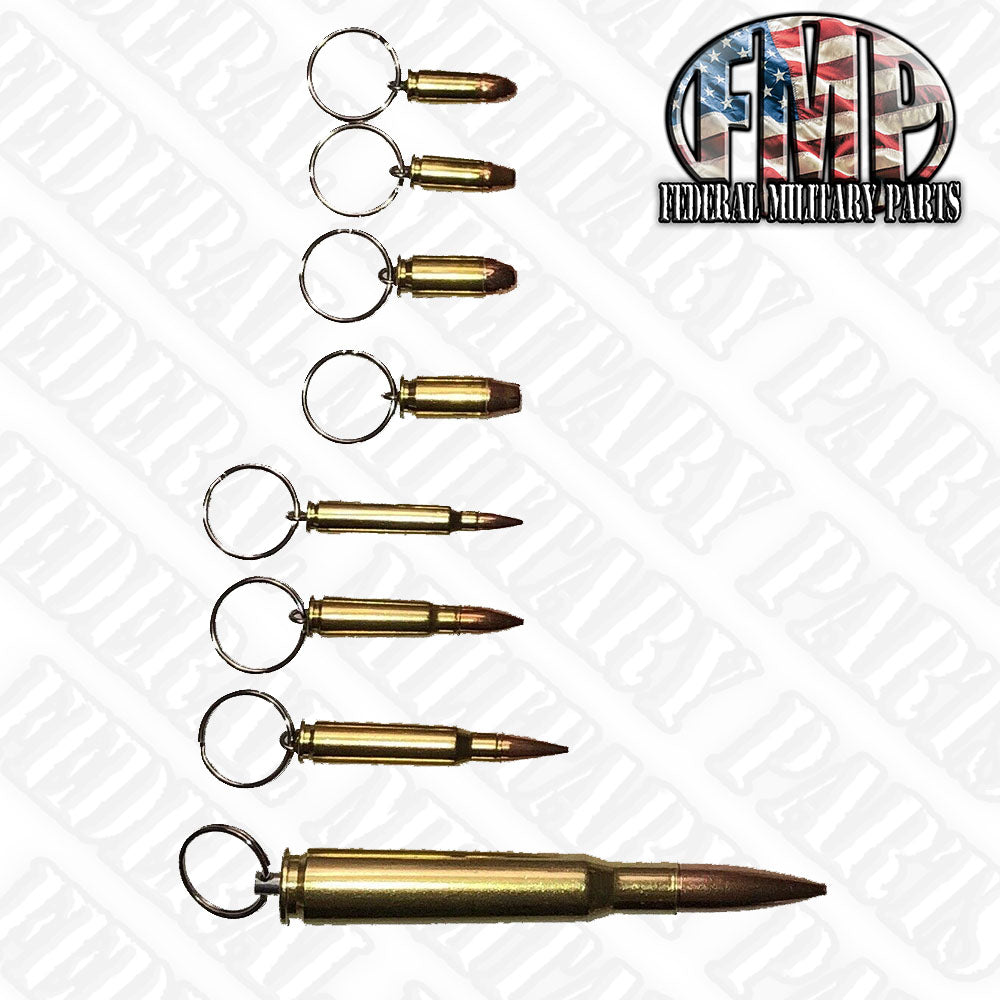 BULLET KEY CHAIN ASSORTMENT - SMALL TO LARGE - 9MM TO 50 CALIBER BROWNING MACHINE GUN