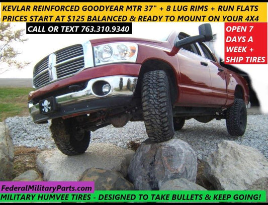 Goodyear MTR Kevlar Single Spare Tire - 37” Mounted on 8-Lug 16.5” Rim - 90-100% - 10 PLY - 24 Bolt + Run flat Insert fits Humvee