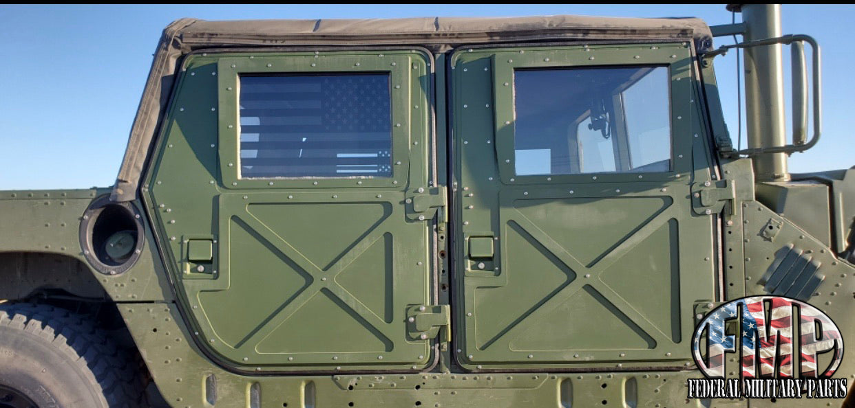 نافذة ملونة رمادية + العلم الأمريكي الفينيل ملصق (داخلي) - زجاج مغلفة 3/8 "سميكة - Humvee X-Door Windows - استبدال الزجاج