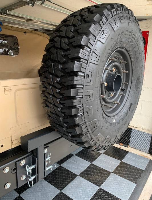 Swing Away Spare Tire 2nd Gen Carrier Plus Mounted Spare Tire Goodyear MT Includes Run Flat Insert for Military Humvee