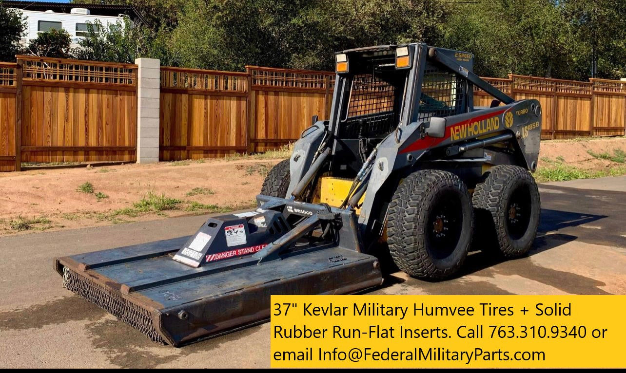Military Kevlar Tires for Skid steer Matched Sets of four or five 37” Mounted on 8-Lug 16.5” Rims 90-100% Tread. 10 PLY   24 Bolt   Plus Run flat Insert